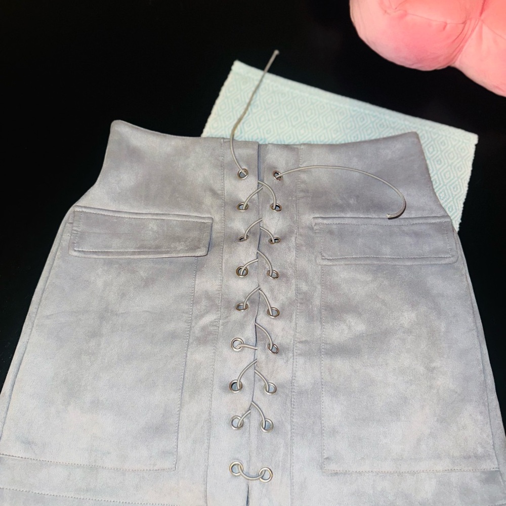 High-Waist Lace-Up Suede Mini Skirt in Light Gray size M